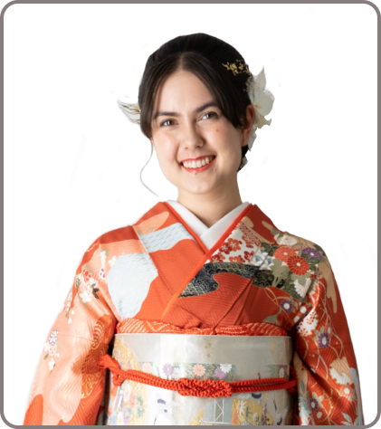 Maria Yokochi Ordal in a red furisode kimono